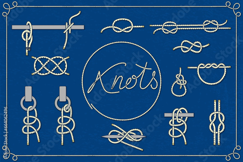 decorative poster set with sea knots, decorated with a rope frame and inscription. Vector illustration