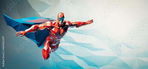 A dynamic low-poly 3D superhero soars majestically through a spacious sky. Generated AI.