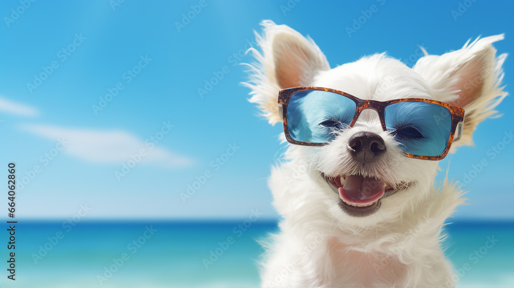 Cute dog in sunglasses, funny pet, summer background