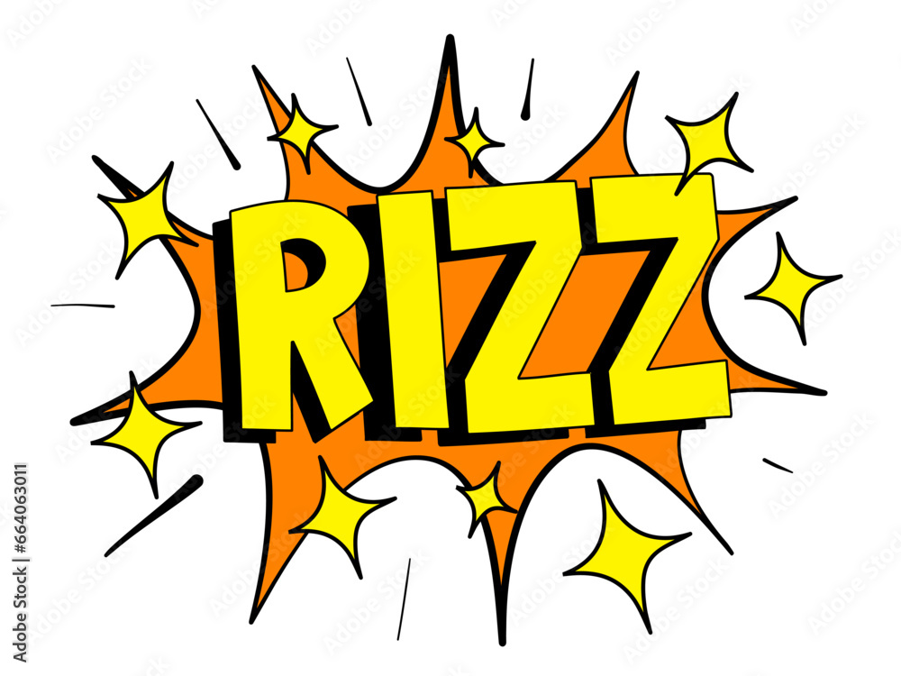 Rizz - charisma and being charismatic and charming. Text and shiny and dazzling sparks and stars. Vector illustration. Rizz - charisma and being charismatic and charming. Text and shiny and dazzling sparks and stars. Vector illustration.