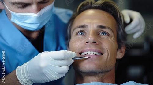 Dentist examining a man teeth in the dentist office.