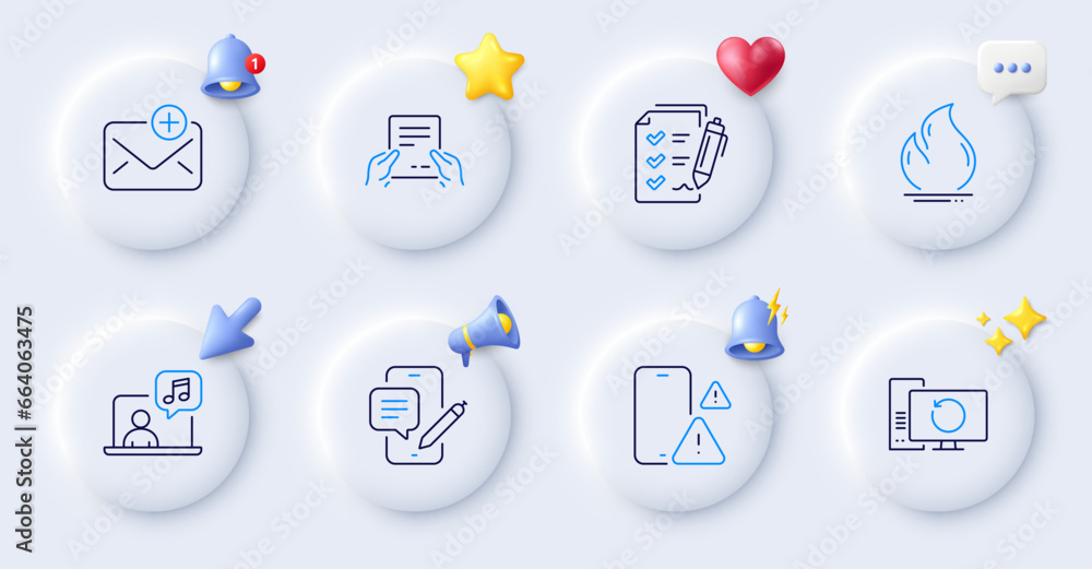 Fire energy, Phone warning and Music line icons. Buttons with 3d bell, chat speech, cursor. Pack of Phone chat, Receive file, Recovery computer icon. Survey checklist, New mail pictogram. Vector Fire energy, Phone warning and Music line icons. Buttons with 3d bell, chat speech, cursor. Pack of Phone chat, Receive file, Recovery computer icon. Survey checklist, New mail pictogram. Vector