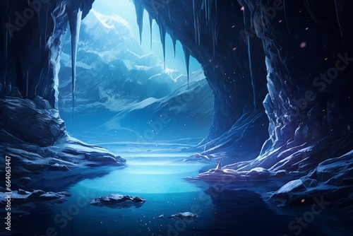 Entrance to underworld and cosmic caves hidden beneath frozen lake. Generative AI photo
