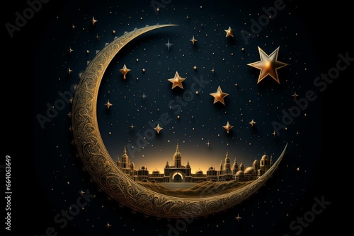 Symbolic crescent moon and stars illustrating the commencement of Ramadan. Generative AI