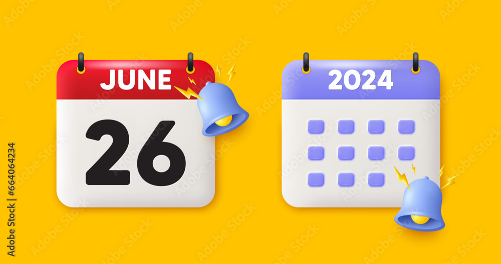 Fototapeta premium Calendar date 3d icon. 26th day of the month icon. Event schedule date. Meeting appointment time. 26th day of June month. Calendar event reminder date. Vector