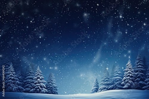 Background with snowy scenes and night sky, snow-covered trees. © Мария Фадеева