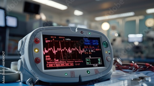 Close-up of intensive care unit monitoring screen in hospital, Heart rate monitor.