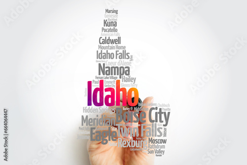 List of cities in Idaho USA state, map silhouette word cloud, map concept background photo