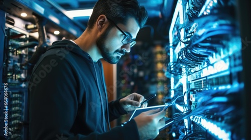 Modern IT developer using digital tablet standing by server cabinet while working with supercomputer.
