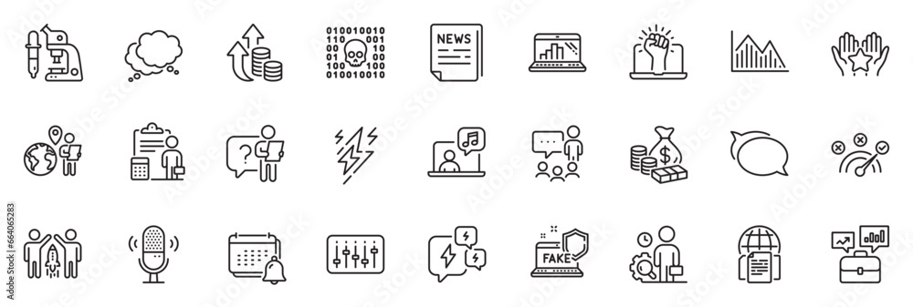 Icons pack as Investment graph, Graph laptop and Talk bubble line icons for app include Correct answer, Business portfolio, Empower outline thin icon web set. Notification, Partnership. Vector