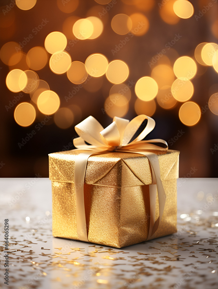 Golden gift box present on table with blurred lights background Golden gift box present on table with blurred lights background