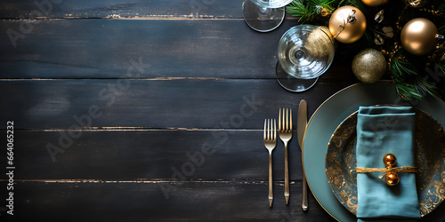Top view of elegant Christmas food arrangement, wooden table, space for text photo