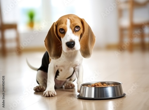 Spaniel dog puppy sitting near a bowl of food
