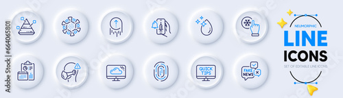 Swipe up, Web tutorials and Water drop line icons for web app. Pack of Pyramid chart, Freezing click, Coronavirus pictogram icons. Medical mask, Fake news, Vaccine announcement signs. Vector