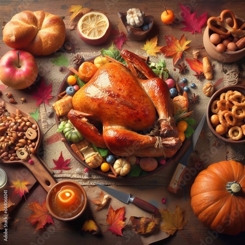 Thanksgiving Roasted Turkey background of homemade food generative AI art