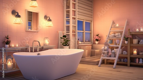  a bathroom with a large bathtub and a ladder in it.  generative ai