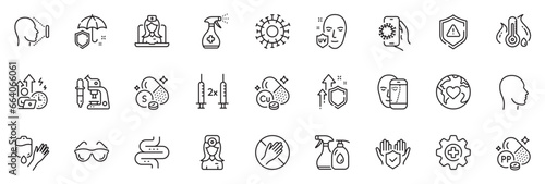 Icons pack as Niacin  Shield and Dont touch line icons for app include Medicine  Difficult stress  Umbrella outline thin icon web set. Donation  Coronavirus vaccine  Coronavirus pictogram. Vector