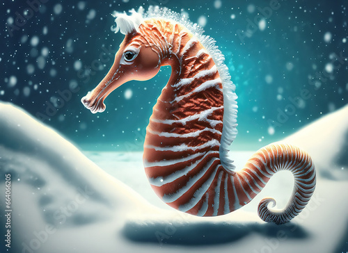 Seahorse in Xmas spirit swim underwater in aquarium with snowfall (AI generated)