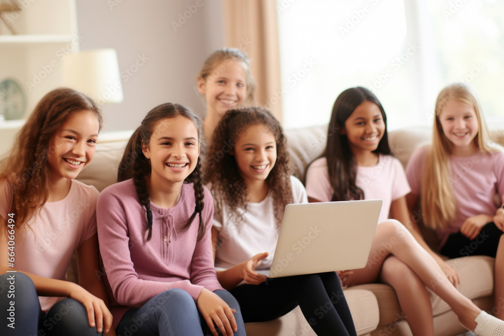 A diverse group of happy children, representing various nationalities, gathered in front of a laptop. Group education, children's circle A diverse group of happy children, representing various nationalities, gathered in front of a laptop. Group education, children's circle