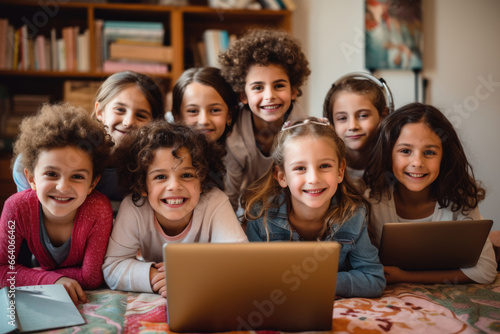A diverse group of happy children, representing various nationalities, gathered in front of a laptop. Group education, children's circle