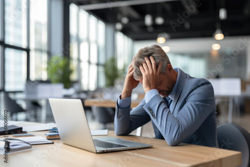 Office worker struggling with a headache caused by approaching deadlines. Work stress, pressure during professional commitments