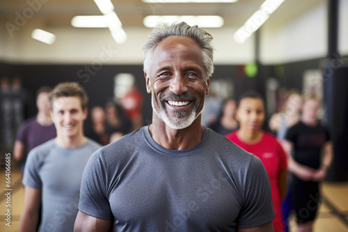 Smiling fitness coach in middle age poses with a blurred group of students in the background