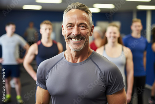 A fitness instructor, middle-aged, smiles warmly with a group of students in the background