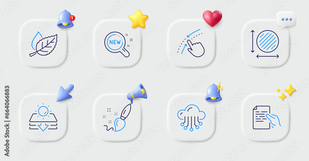 Cloud storage, Swipe up and Hold document line icons. Buttons with 3d bell, chat speech, cursor. Pack of New products, Leaf, Paint brush icon. Sun protection, Circle area pictogram. Vector Cloud storage, Swipe up and Hold document line icons. Buttons with 3d bell, chat speech, cursor. Pack of New products, Leaf, Paint brush icon. Sun protection, Circle area pictogram. Vector