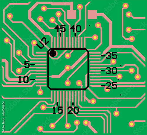 Vector printed circuit board of an electronic 
device with microcontroller chip, 
conductors and contact pads placed on it. 
Engineering technical drawing. Electric background. Pcb pattern. 