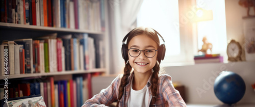 Engaged in online education, a young girl with headphones focuses on her laptop screen. Immersed in virtual learning experiences