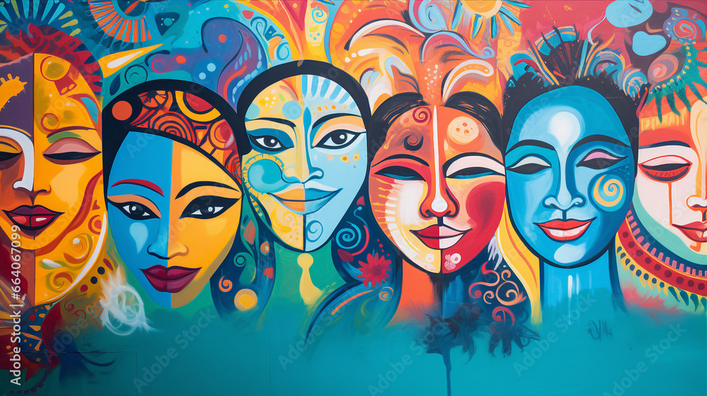 A colorful mural depicting faces from different ethnicities, celebrating global harmony A colorful mural depicting faces from different ethnicities, celebrating global harmony