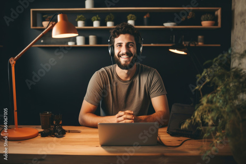 A man with a beard wearing headphones smiles and sits at a table with a laptop. online learning concept