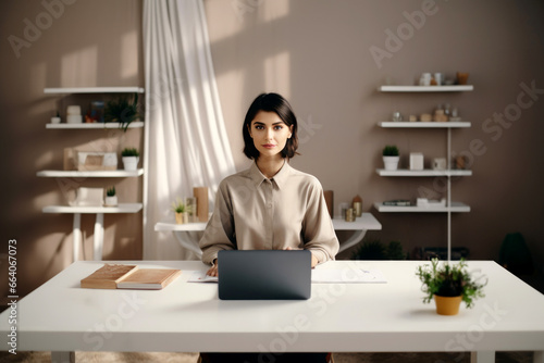 Behind her desk, a young woman records instructional videos for online classes and courses photo