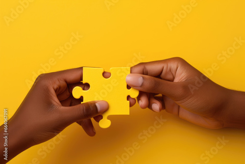 Against a vibrant yellow background, two hands complete a puzzle piece