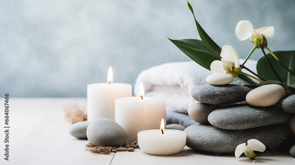 Banner displays a serene spa setting: aromatic candles, essential oils, massage stones, suggesting relaxation