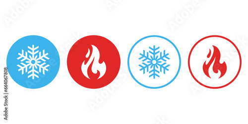 Hot and cold icon. Fire and snowflake sign. Heating and cooling button.