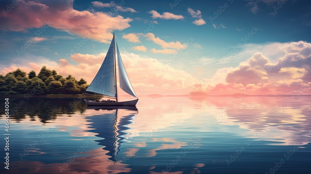  a painting of a sailboat on a lake with a sunset in the background.  generative ai