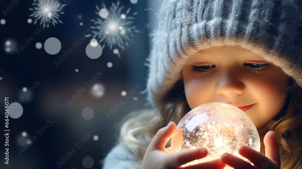Naklejka premium Child with a snow globe, the miniature winter wonderland fascinating and enchanting to the eyes