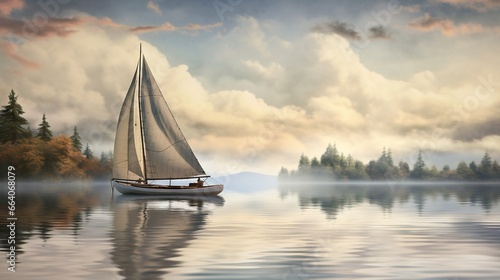  a sailboat floating on a lake surrounded by trees and clouds. generative ai