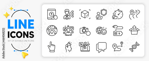 Talk bubble, Third party and Swipe up line icons set for app include Battery, Cursor, Brand ambassador outline thin icon. Shield, Road, Pin pictogram icon. Travel loan, Seo gear. Vector