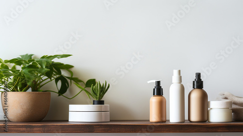 Displaying a set of organic skincare products, neatly organized on a wooden shelf with plants in the background