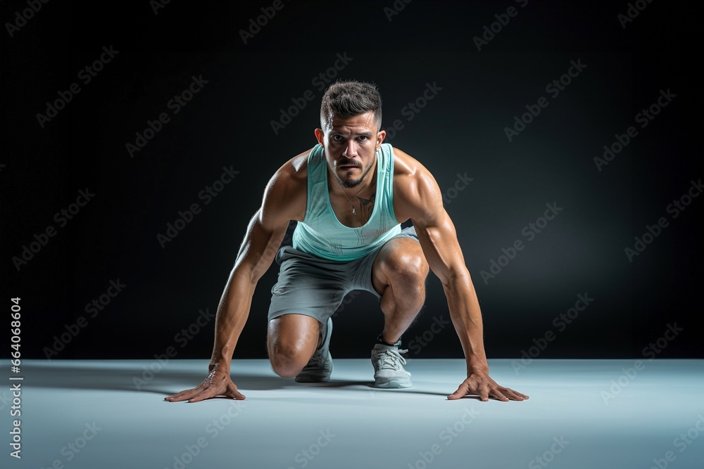 Startbereit: Junger Athlet im Fitnessstudio in Laufposition Startbereit: Junger Athlet im Fitnessstudio in Laufposition
