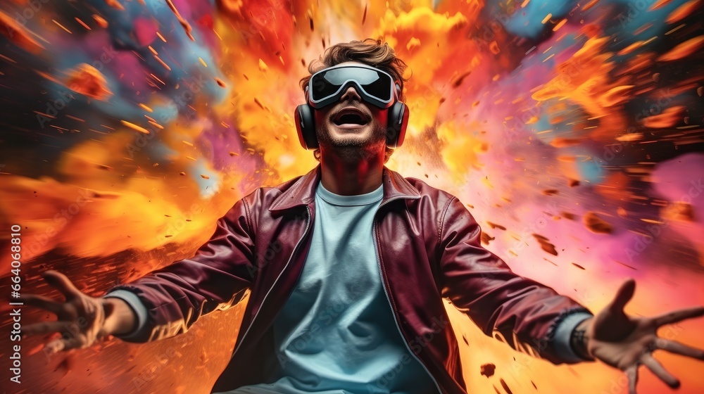 Virtual reality, Young man wearing virtual reality glasses against a colorful splashes of paint background. Virtual reality, Young man wearing virtual reality glasses against a colorful splashes of paint background.