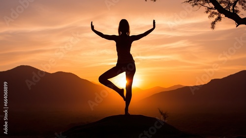  a woman is doing yoga in front of a beautiful sunset. generative ai