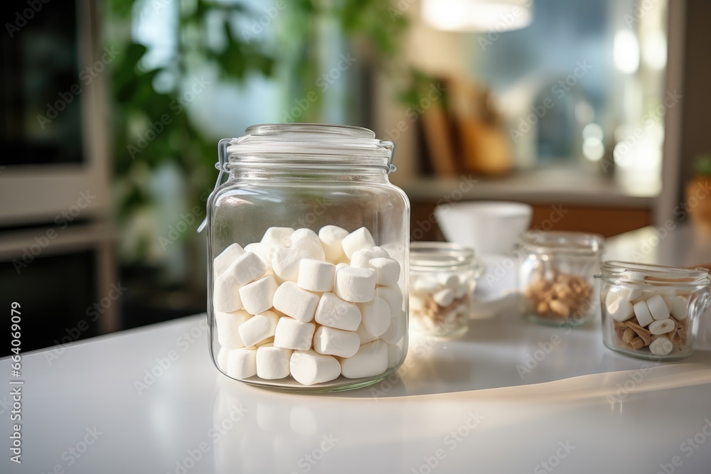 A jar of white marshmallows on a wooden table, with a blurred kitchen background. A jar of white marshmallows on a wooden table, with a blurred kitchen background.