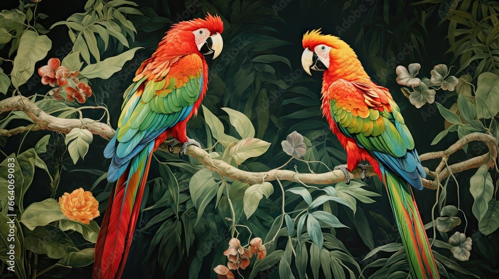  two colorful parrots sitting on a branch in a forest.  generative ai