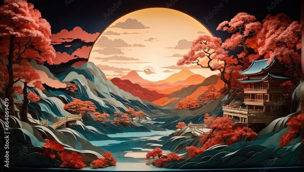 Paper art landscape with pagoda, lake, mountains