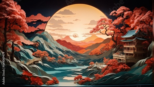 Paper art landscape with pagoda  lake  mountains