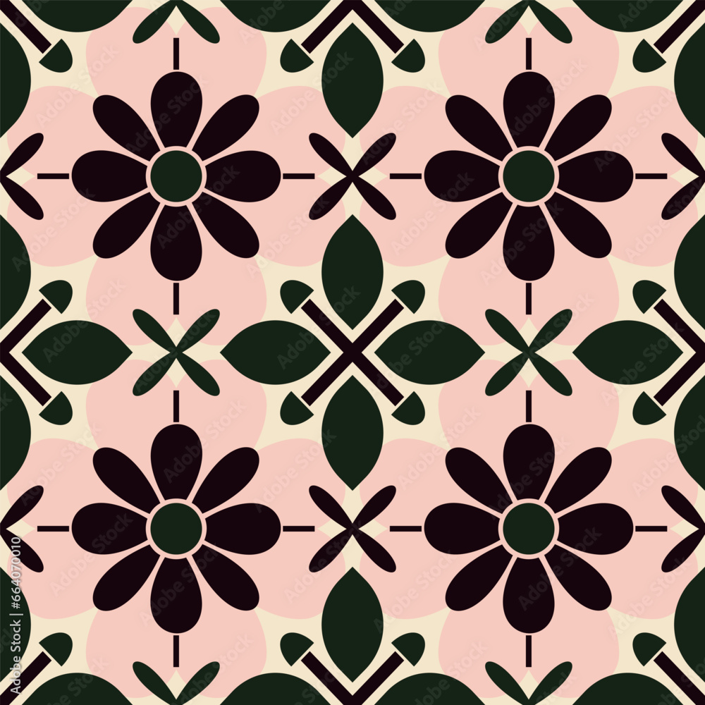 Seamless geometric pattern with floral elements.