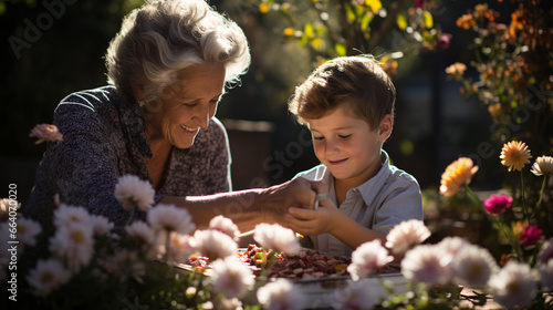 Grandmother and grandson having a tea party in a charming garden